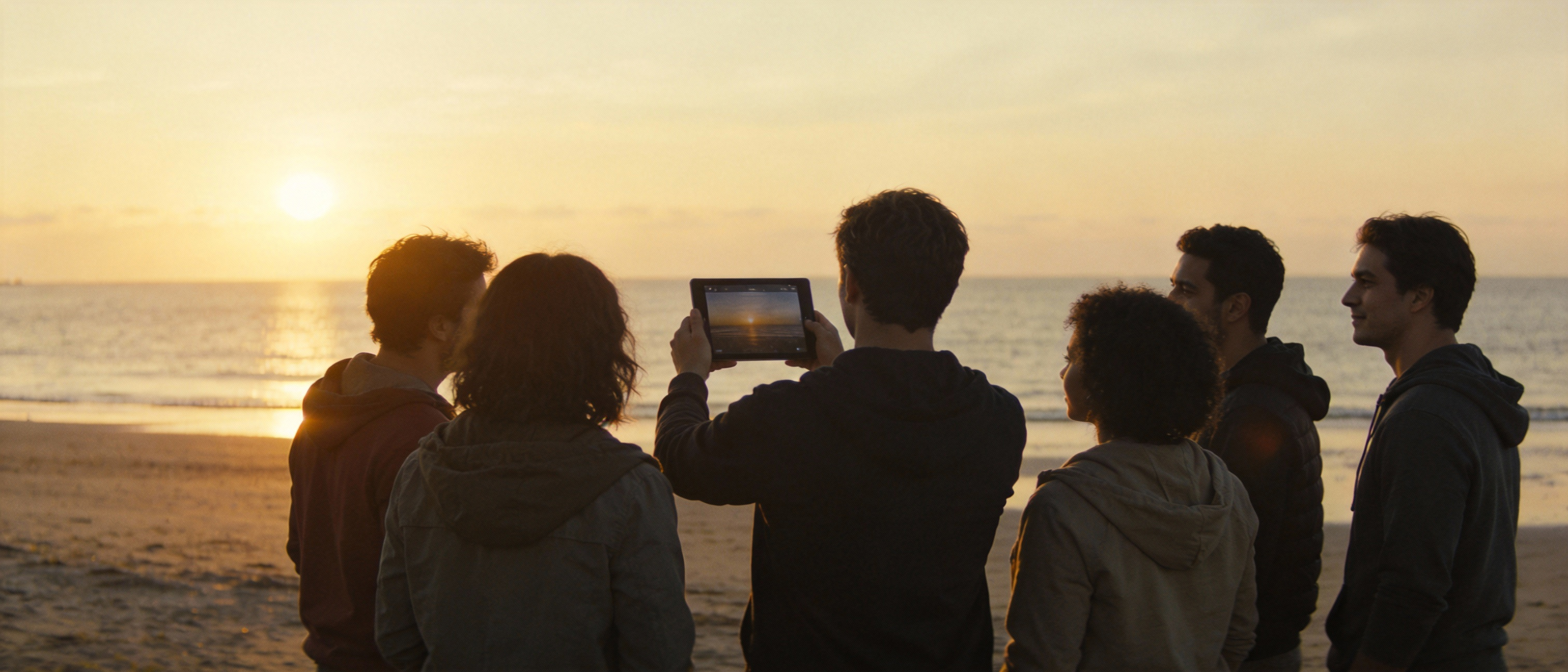 jimeng-2026-01-21-4514-轻松团队户外团建与合作主题图片，21_9超宽幅。清晨日出时分，一群团队成员（以背